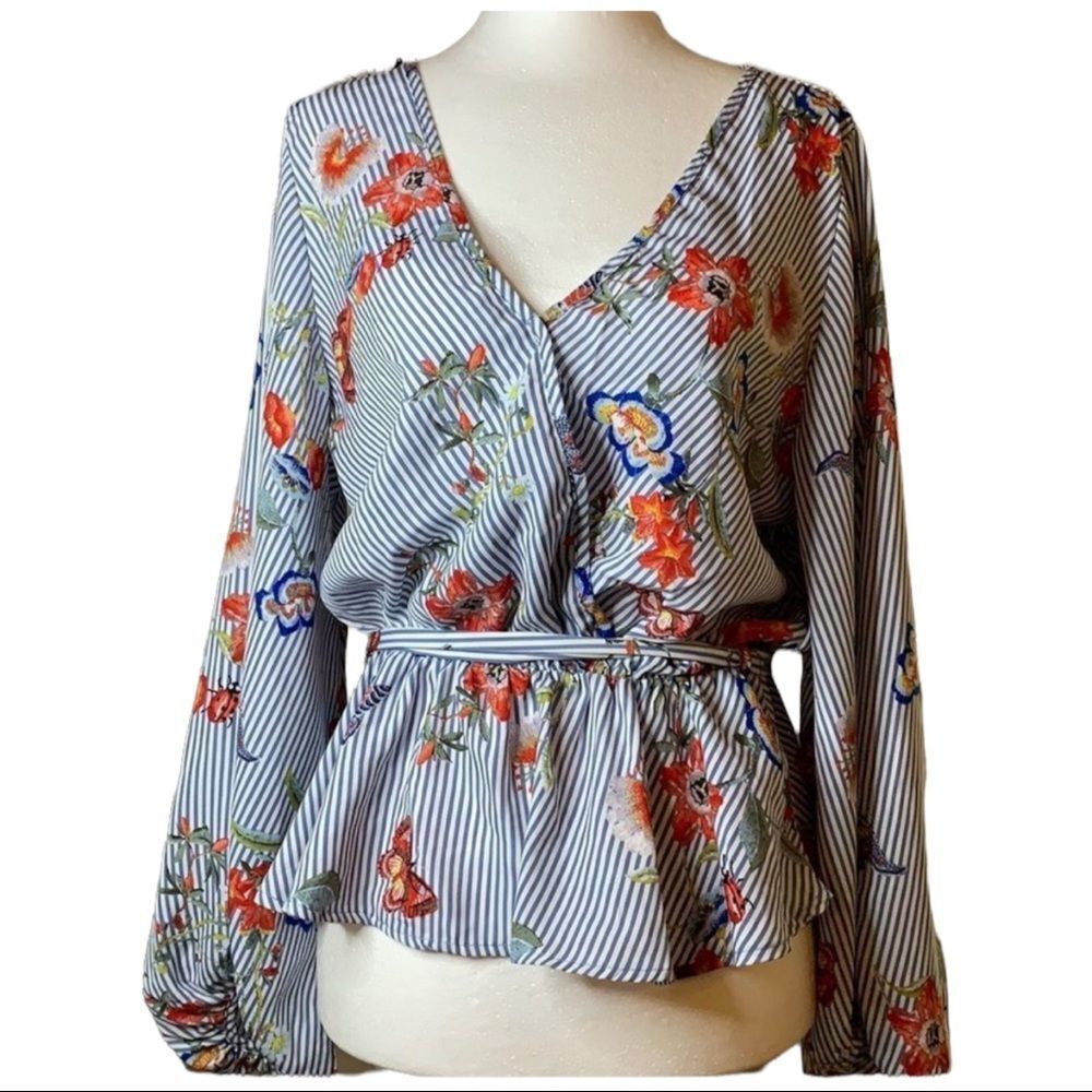 FASHION Nova blue white long sleeve cross top silky blouse ties at waist large